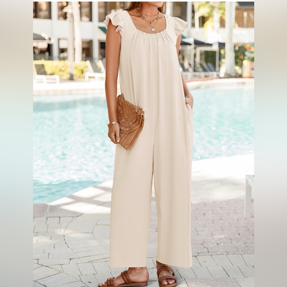 Wide Leg Ruffle Sleeve Jumpsuit in Cream - Picture 2 of 7